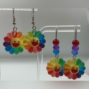 2 PAIR SMILEY FLOWER RAINBOW LGBTQ COLORFUL HANDMADE EARRINGS NEW